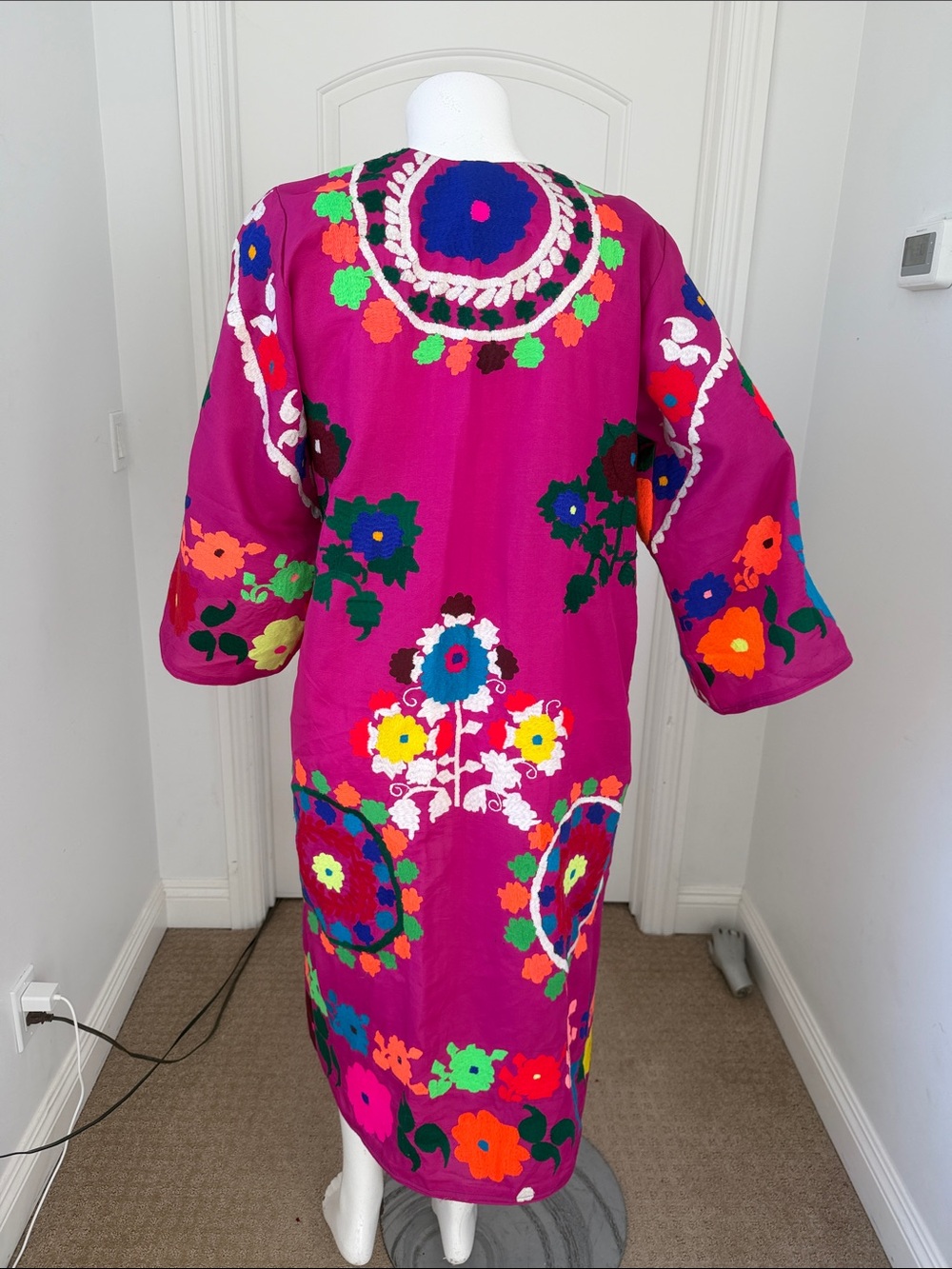 Vintage 70s Afghan Hand Embroidered Coat Floral Boho Folk Art Duster Maxi - Picture 2 of 11